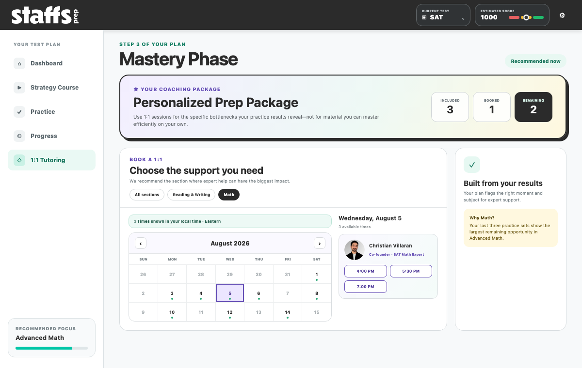STAFFS Prep Mastery Phase showing Christian Villaran's tutoring availability and the booking calendar