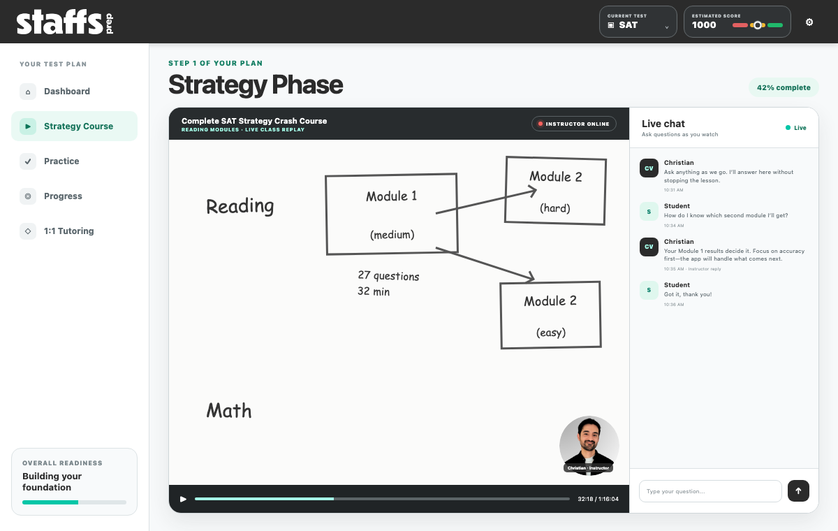 The STAFFS Prep Ultimate Crash Course built into the app, with Christian teaching alongside live instructor chat