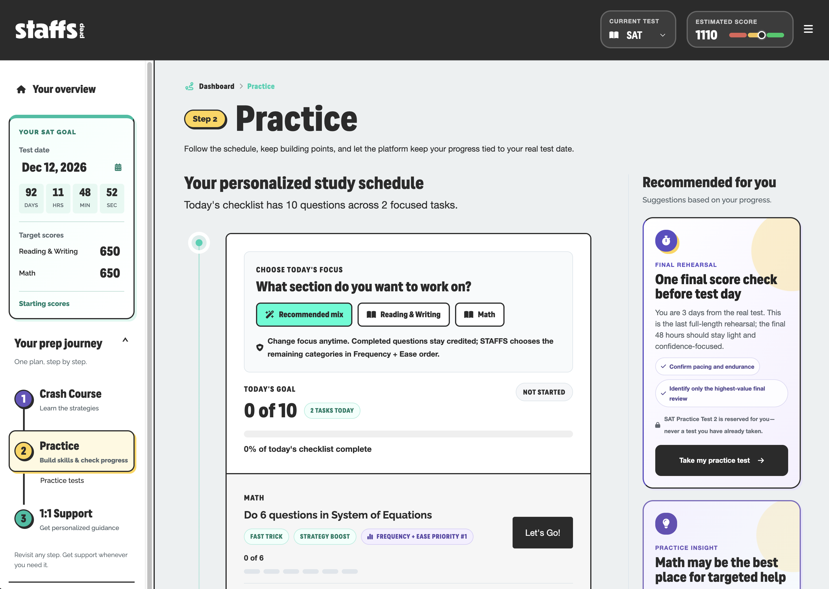 Staffs app in SAT mode showing the test-date and score-goal sidebar, personalized study schedule, section focus options, and recommendations.